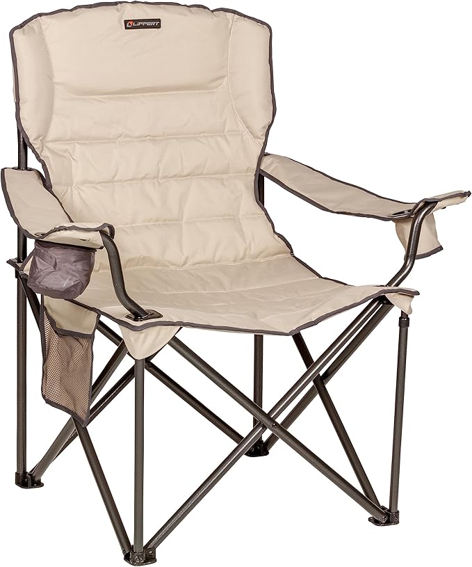 Lippert Campfire Deluxe Folding Chair - Sand High-Loft Foldable Cushion Chair Dual Cup Holders Power Coated Steel Frame Durable 600D Outdoor Polyester Fabric 500 lb. Capacity 2022114819