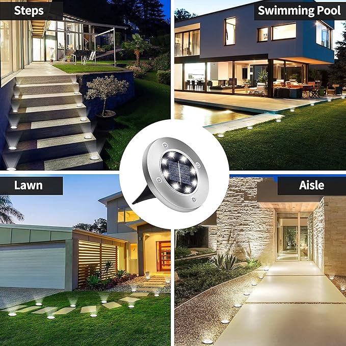 Aogist 12 Pack Solar Disk Lights - 8 LED In-Ground Outdoor Landscape Lights for Pathway Yard Walkway Patio Lawn Path (Cold White)