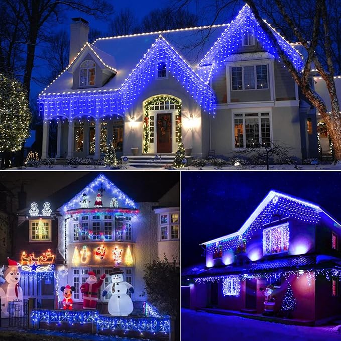 Minetom Icicle Lights for Outside 66Ft 736 LED Blue Christmas Lights with 138 Drops Icicle Christmas Lights Outdoor with Remote and Timer