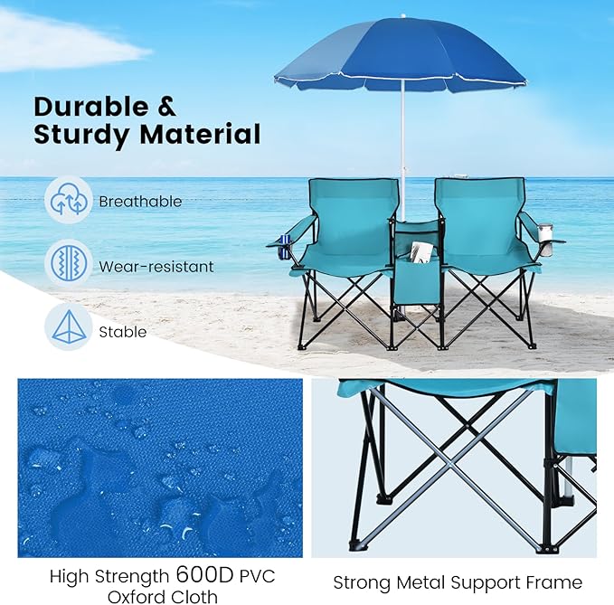 Double Camping Chair 2-Person Portable Beach Chair w/Removable Umbrella Cup Holders &amp Carrying Bag Folding Loveseat Chairs for Adults Outdoor Picnic (Turquoise)