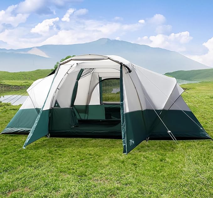 8/10/11 Person Camping Tent with Porch Large Family Tents for Camping PU1000MM Waterproof Tent with 5 Mesh Windows Removable Rainfly Reflective Windproof Rope Big Dome Tent Fits 3 Queen Airbeds