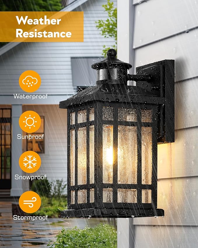 Motion Sensor Outdoor Light Adjustable Sensing Range 2 Pack Black Dusk to Dawn Exterior Lighting Fixtures with Seed Glass Aluminum Anti-Rust Outside Lights for House Garage Doorway Garden