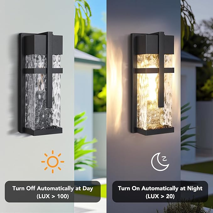 Hammered Glass Outdoor Wall Lantern Dusk to Dawn Wall Sconce Lighting 2 Pack Outdoor Light Fixtures Exterior Porch Light with Waterproof Modern Wall Lamp for Garage Doorway Patio(Bulb Included)