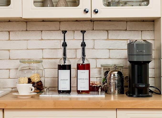 Demi's Home 25.4 oz 750 ml Glass Coffee Syrup Dispenser for Coffee Bar - 2 Pack - Comprehensive Label Set &amp ¼ oz Pumps Included