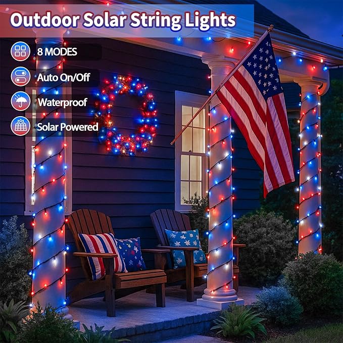 4 Pack Red White and Blue Solar String Lights 320LED 180FT 4th of July Decorations Outdoor Waterproof 8 Modes Patriotic Solar Fairy Twinkle Lights for Independence Memorial National Day Decorations