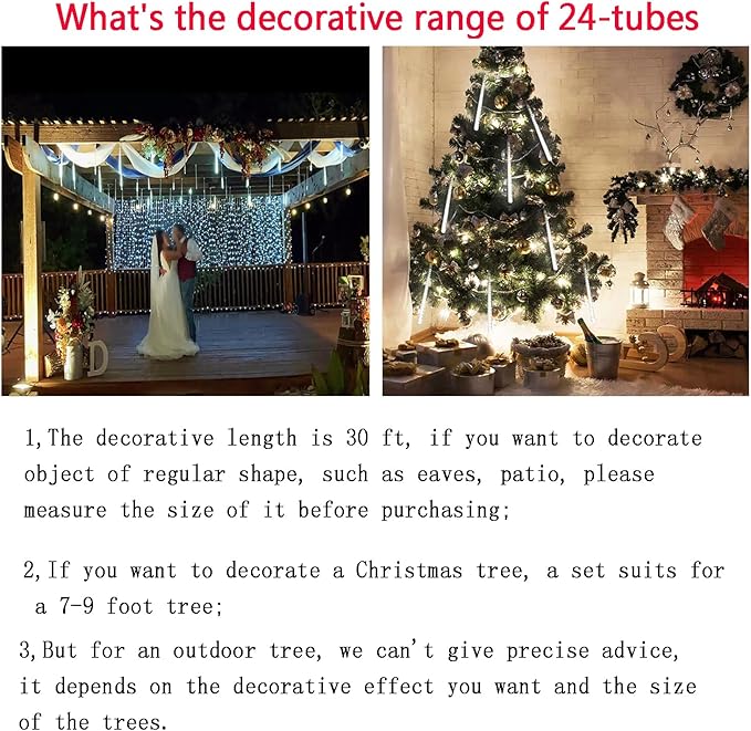 Kwaiffeo Christmas Lights Outdoor 24 Tubes(Equivalent to 3 Sets of 8-Tubes) Meteor Shower Light Snow Falling Icicle Lights for Xmas Tree Halloween Decoration Wedding Party Window UL Plug White