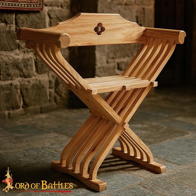 Lord of Battles Medieval Wooden Savonarola Chair with Backrest - Ash Wood Folding Camp Seat Bent Armrests &amp Detachable Back Support