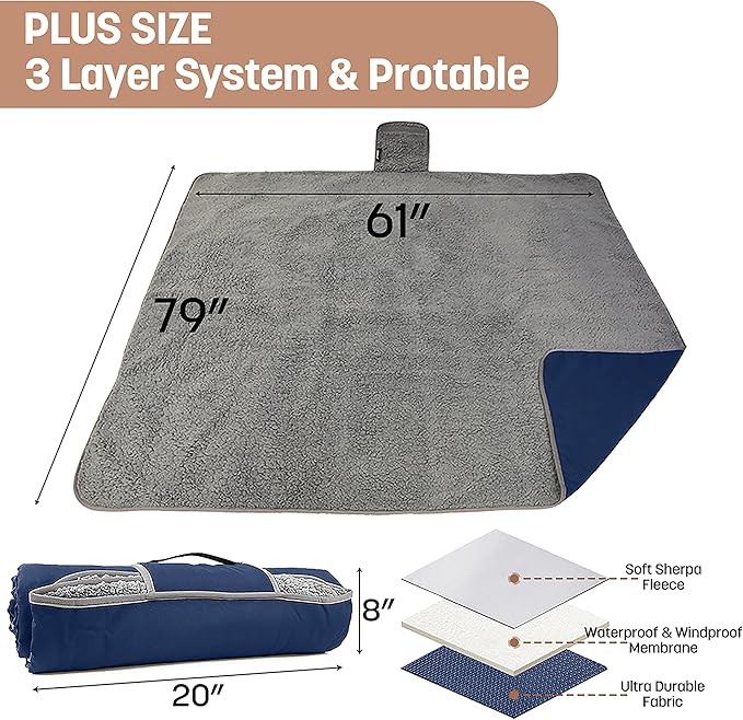 Tirrinia Waterproof Outdoor Blanket with Sherpa Lining Windproof Triple Layers Warm Comfy Foldable for Camping Stadium Beach Picnic Grass Concerts Car Dog 51''X 59'' &amp 59''X 80''