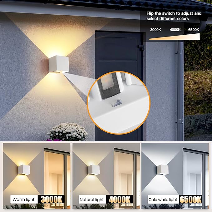White Wall Sconces Set of Two3 Color Temperatures Hardwired Up and Down Outdoor Lights15W Indoor Wall Sconce4.33 Inch ETL Listed Exterior Wall Lights for Living Room Bedroom Hallway Porch 2 Pack