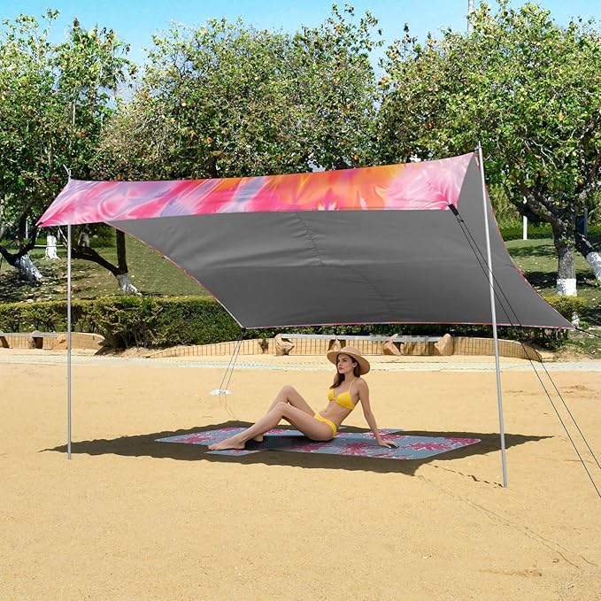 ALAZA Tie Dye Pink Yellow &amp Blue Beach Tent Sun Shelter UPF50+ Protection Beach Shade Canopy w/ 4 Sandbags for Outdoor Camping Fishing Backyard Fun Picnic 10x9 ft