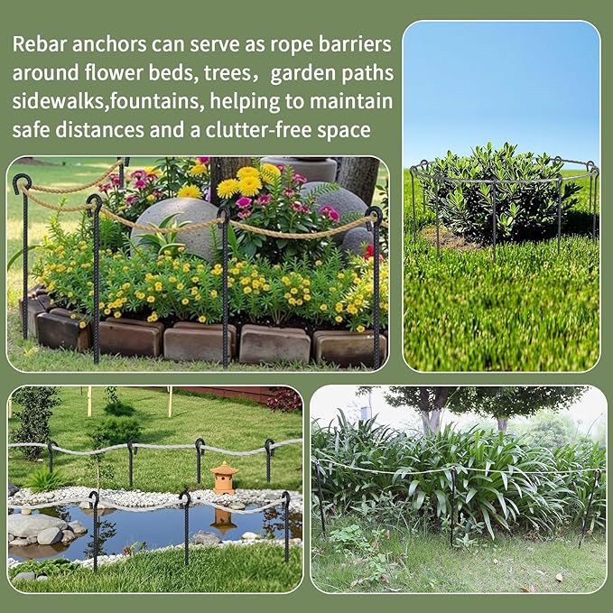 18 Inch Rebar Stakes with Loop 12 Pack Camping Tent Ground Anchors Heavy Duty 1/2 Inch Diameter Metal Tree Stakes and Supports for Leaning Trees Dog Tie Out Stake Garden Rope Fence Stakes Black