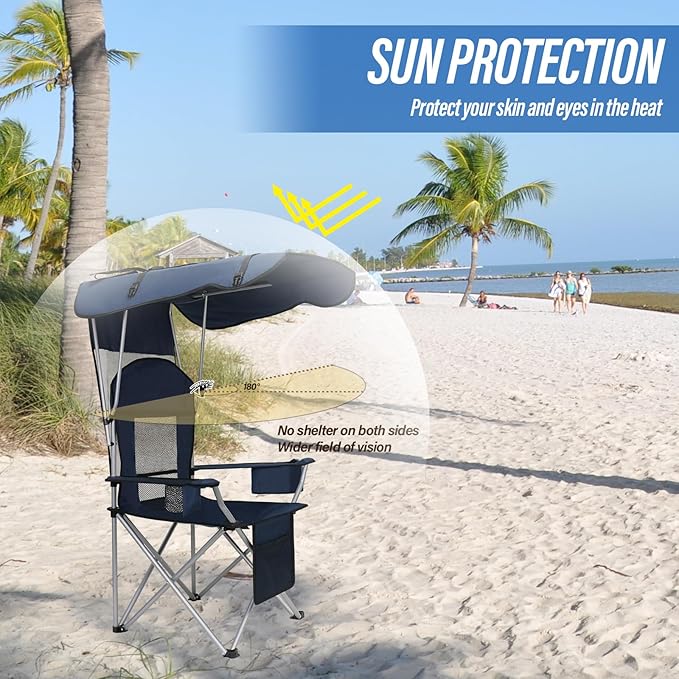 Beach Chair with Canopy Shade Folding Camping Chair Support to 330LBS Outdoor Chair with Cup Holder &amp Cooler Bag for Travel Hiking