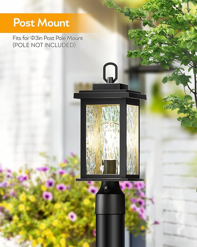 VIANIS Dusk to Dawn Outdoor Post Light Fixture with Pier Mount Base 2 Pack Waterproof Lamp Posts Outdoor Lighting Anti-Rust Aluminum Black Post Lantern Outdoor with Tempered Glass (Hardwired 120V)
