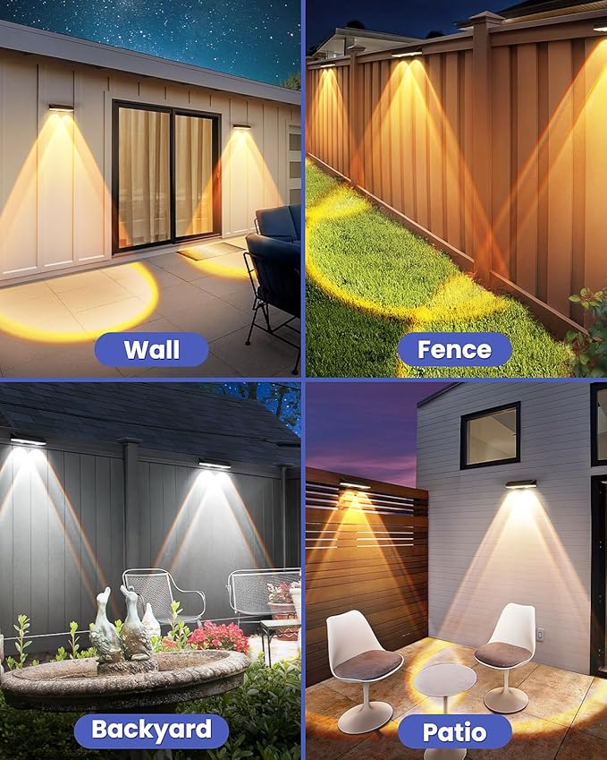 Solar Fence Lights Outdoor 2 Pack Warm/Neutual/Cool White Fence Solar Lights with 2 LED IP65 Waterproof Backyard Patio Decor for Deck Wall Railing Pool Stair