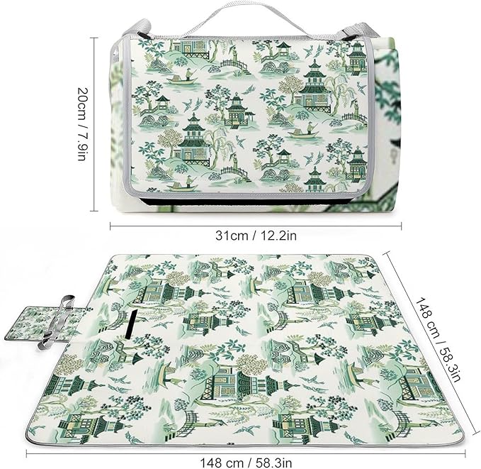 Blue and White Ancient Chinese Folk Chinoiserie Style Waterproof Outdoor Picnic Blanket Sandproof Beach Mat for Camping Hiking Grass Travelling
