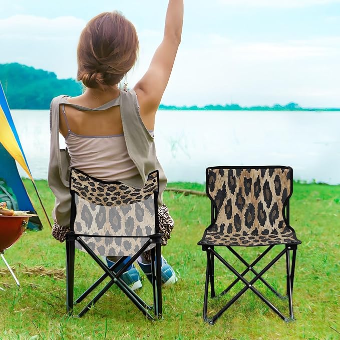 Black Leopard Print Portable Outdoor Folding Chair Anti-Slip Padded Oxford Cloth Stool Camping Chair Small for Beach Hiking Fishing Gardening Quad Camp Chair