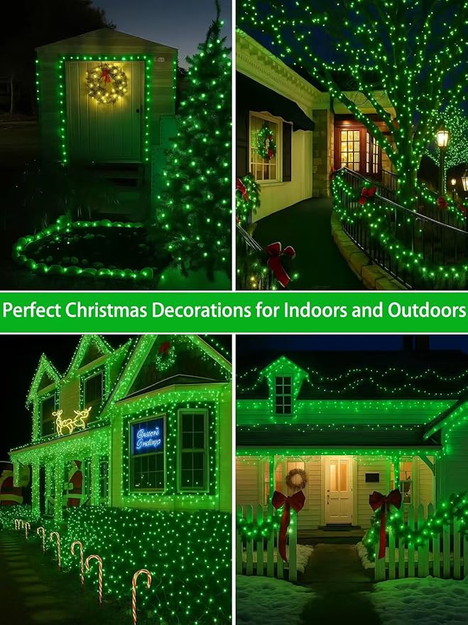 2-Pack 66FT 200 LED St. Patrick's Day Lights 13 Modes Extendable Christmas Tree Lights with Timer &amp Memory Waterproof Twinkle Fairy Lights Green Wire Outdoor String Lights Indoor for Xmas (Green