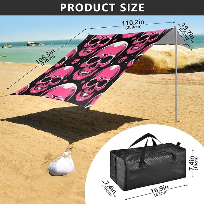 ALAZA Pink Skull Stars &amp Polka Dots Beach Tent Sun Shelter UPF50+ Protection Beach Shade Canopy w/ 4 Sandbags for Outdoor Camping Fishing Backyard Fun Picnic 10x9 ft