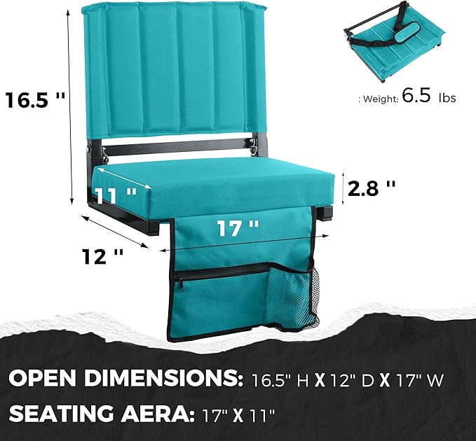 SPORT BEATS Stadium Seats with Back Support Bleacher Chairs with Back and Cushion Thick Padded Bleacher Seats Includes Shoulder Strap Cyan 1pc Regular - 17 W x 12 D x 16.5 H