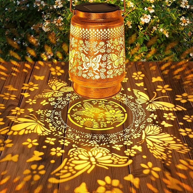 Solar Lanterns Outdoor Butterfly Garden Decor Gifts for Women Mom Grandma Birthday Waterproof Metal Hanging Solar Lights LED Decoration with Shepherd Hook Outside for Yard Patio Lawn Porch