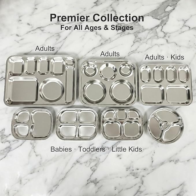 Korean Stainless Steel Divided Plates for Toddlers Kids Babies 8-Inch Premium 304 Electro-Polished No Black Residue BPA-Free Round 3-Compartment Food Tray Camping Diet Control Set of 2