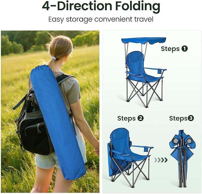 HIGH POINT SPORTS Camping Chairs with Shade Foldable Canopy Chair Folding Camping Shade Chair for Outdoor Camping Patio Support 350 LBS Blue