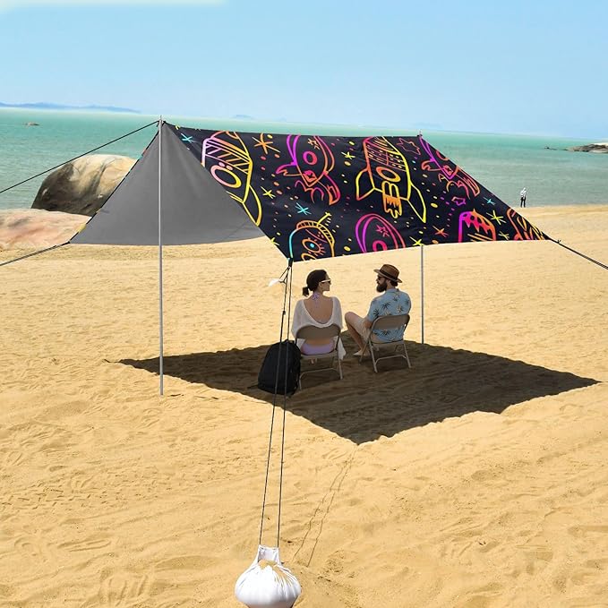 Neon Rocket Star Doodle Camping Sun Shelter Beach Tent Portable Beach Sun Shade Outdoor Canopy for Camping Trips Fishing Picnic