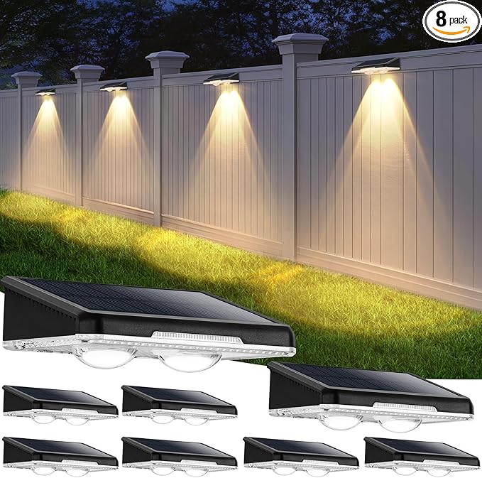 Solar Fence Lights Outdoor 8-Pack Waterproof Fence Light Solar Powered with 3 Modes (3000K/4500K/6500K) for Outside Patio Deck Stair Step Garden Backyard Walkway Pathway Railing