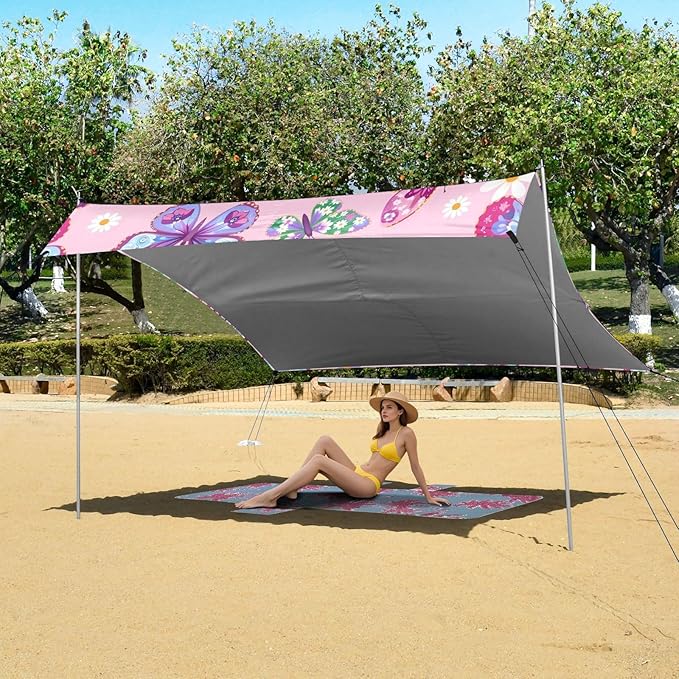 Bolaz Beach Canopy Tent Sun Shade9'×10.5' Large Family Beach Shade UPF50+- Outdoor Shade for Camping Trips FishingFlower Butterfies Pattern