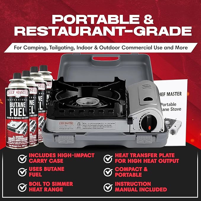 Chef Master 15000 BTU Butane Portable Camp Stove | Double Wind-Guard Portable Stove Burner w/Piezo Click Ignition for Emergencies Tailgating Hiking Backpacking &amp Camping Essentials - 90019