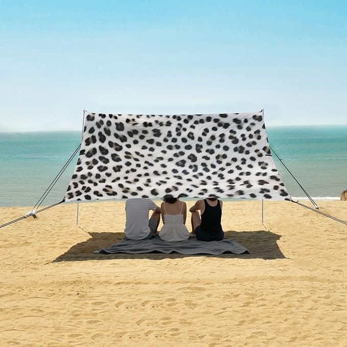 Snow Leopard Print Beach Tent Sun Shelter 9.2' x 10.5' Beach Canopy with 4 Sandbags 4 Stability Poles Sand Shovels - Tent Canopy for Beach Camping Fishing Picnics