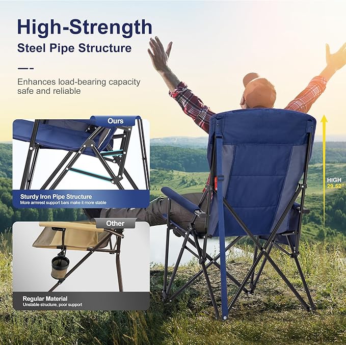 LET'S CAMP Oversized Camping Chairs 29.52 High Back Heavy Duty Lawn Chair Support 500LBS Portable Collapsible Chair with Cup Holder Side Pocket2 Pack(Blue)