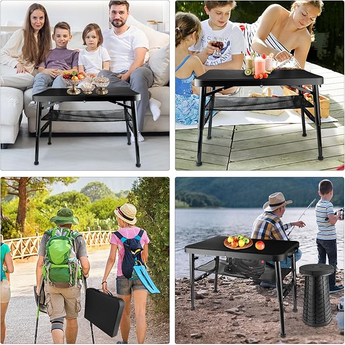 Folding Table and Stool Small Black 4 Foot Outdoor Portable Table Adjustable Height Camping Picnic RV Table 55lbs Load-Bearing Lightweight