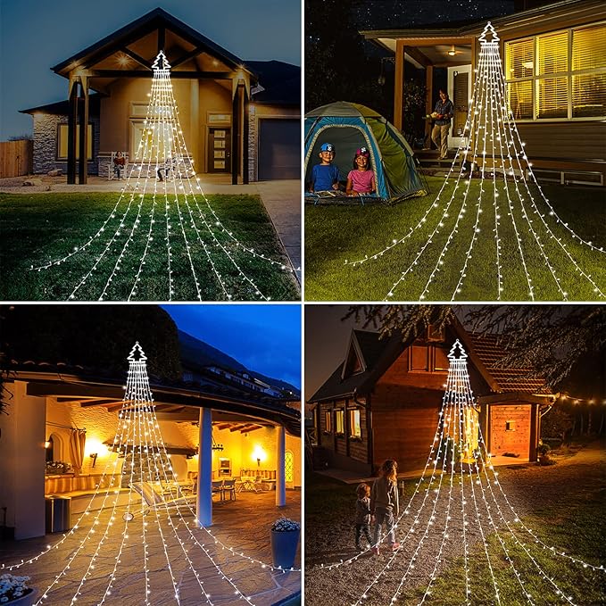 PUHONG Christmas Decoration Outdoor Christmas Tree Lights 320 LED 16.4Ft Outdoor Fairy Topper Lights[8 Modes &amp Waterproof] with 11 Lighted Xmas Tree for Halloween Xmas New Year Holiday(White)