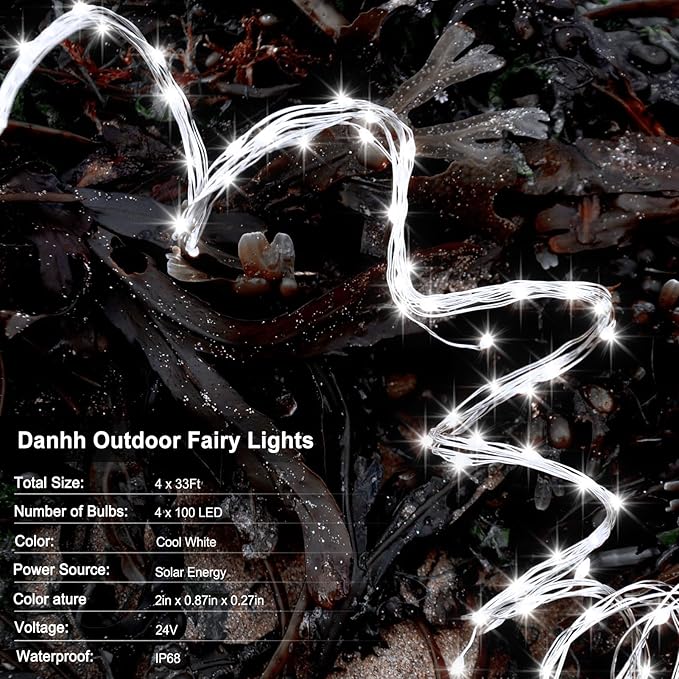 4 Pack Solar Fairy Lights 131.2Ft 400 LED Twinkle Lights with 8 Modes Waterproof Silver Wire String Lights for Garden Patio Party Weding Decorations (Cool White)