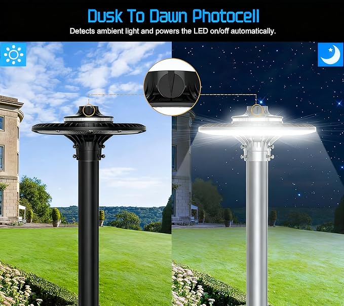 150W LED Post Top Light with Dusk to Dawn Photocell 21000 lumens 5000K Circular Area Pole Lights IP65 Waterproof Outdoor Post Light for Garden Pathway Yard Street Lighting UL Listed AC100-277V