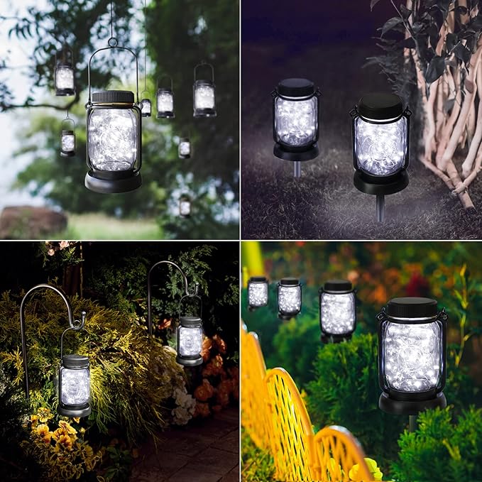 Mlambert Cool White 4 Pack Solar Hanging Mason Jar Lights with Stakes Waterproof Decorative 30 LEDs Outdoor Solar Lantern Lamp Patio Garden Tree Yard