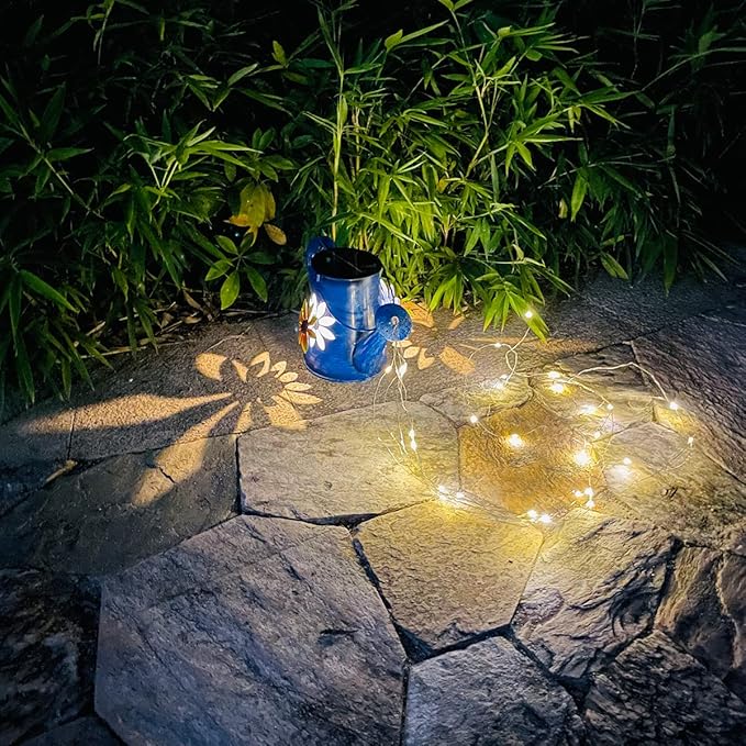Blue Solar Watering Can with LightSolar Powered Waterfall Lights 1 Pack 60 LED(Includes Shepherd Hook) for GardenYard Path Christmas Holiday Decoration