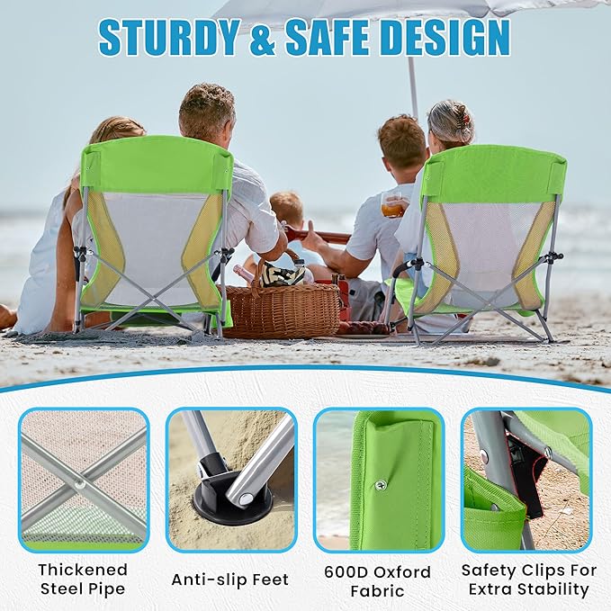 Lamberia Folding Beach Chair for Adults 2 Pack Portable Low Beach Chairs with 300lbs Capacity Lightweight Fodable Camping Chair for Travel Picnic Concert &amp Outdoor ActivitiesGreen-Yellow