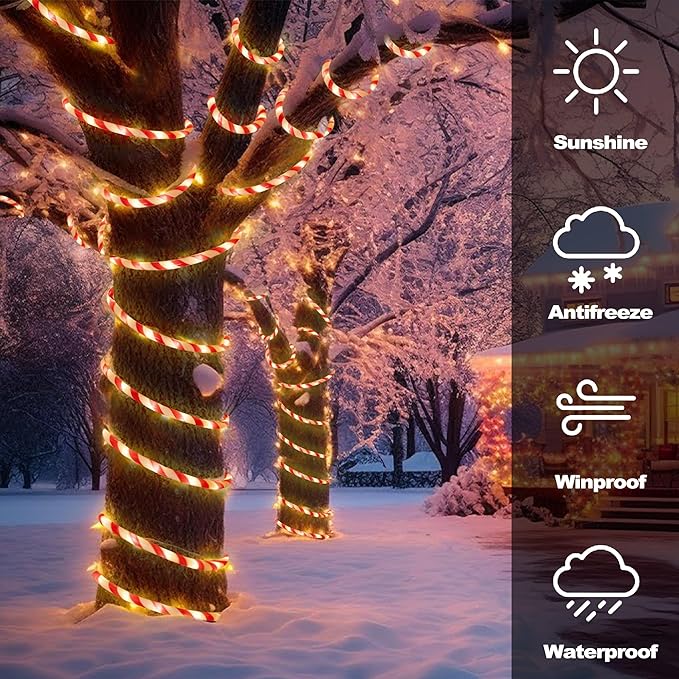 Toodour Christmas Candy Cane Lights 50ft 360 LED Candy Cane Rope Lights Outdoor with 8 Modes Connectable Timer Waterproof White &amp Red Christmas Light for Garden Patio Bedroom Party Xmas Decor