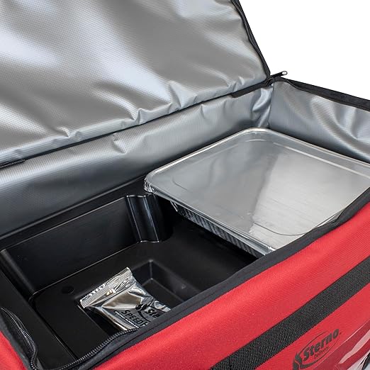 Sterno Delivery Leak Proof Insulated Bag Hot and Cold Container for Catering and Food Transport Durable Red Cloth Exterior with Tear-Resistant Vinyl Liner 15”L x 23”W x 13.5”H