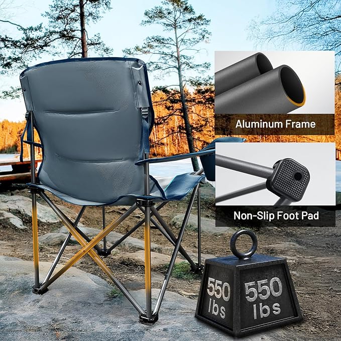 TIMBER RIDGE Oversized Folding Camping Chair for Adults Support 550 LBS Heavy Duty with Cup Holder Side Pocket for Camping Lawn Picnic 2 Pack(Navy)