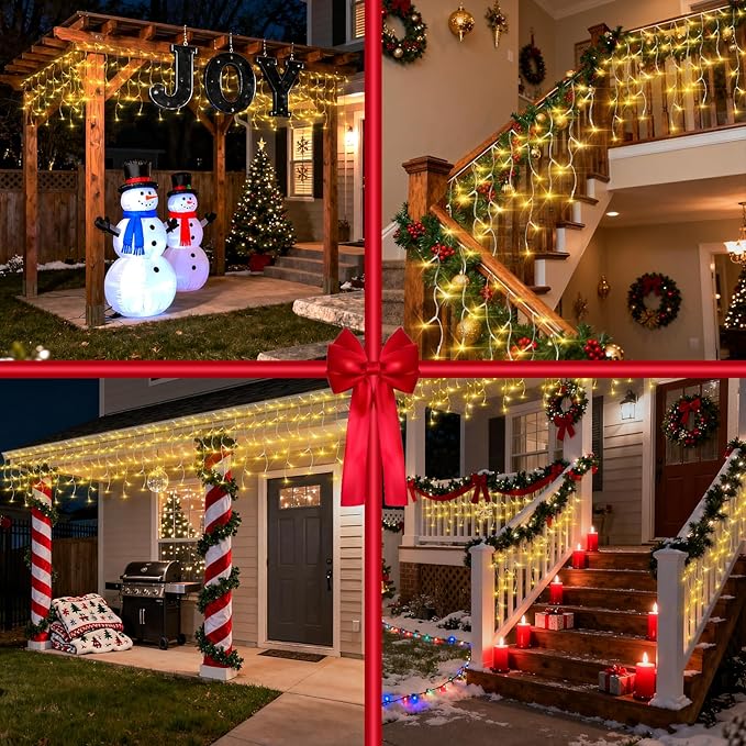 612 LED String lights Indoor Outdoor 60ft Christmas Window Lights with 136 Drops 12 Modes Dimmable Curtain Lights Fairy Lights for Bedroom Holiday Wedding Party Home Xmas Decorations Warm White