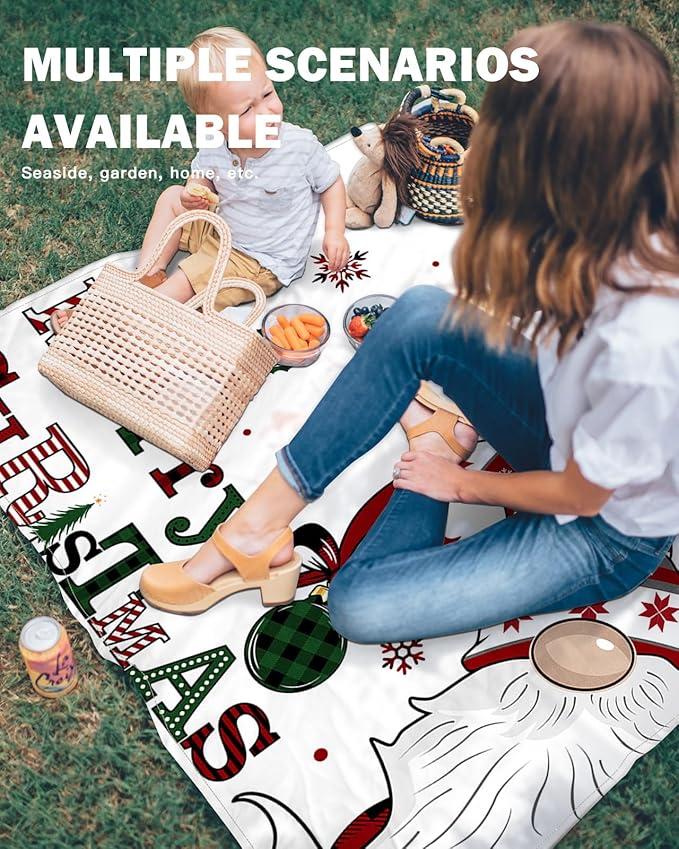 Beach Blanket Waterproof Sandproof Christmas Gnome Winter Snowflakes Quick Drying Beach Mat with 4 Stakes Holly Berries Bell White Back Lightweight Picnic Blanket for Travel Camping Outdoor 83x79