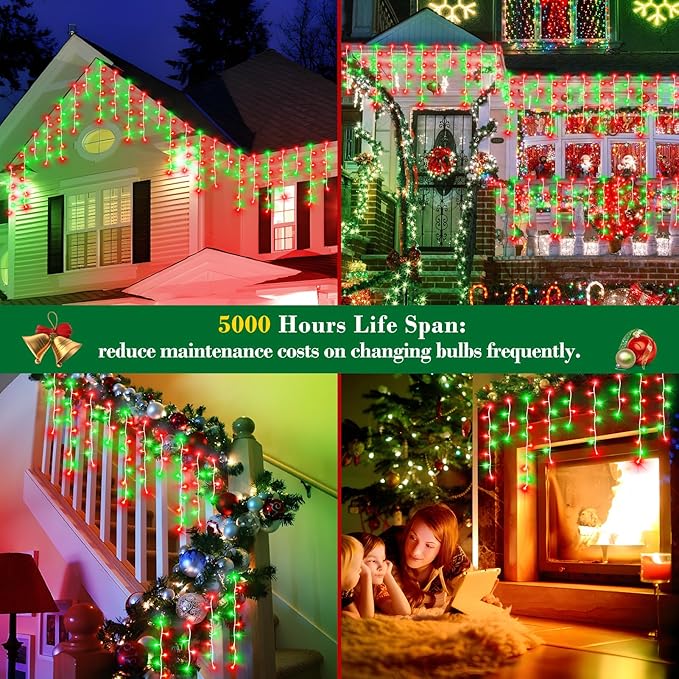 XURISEN 132ft Christmas Lights Decorations Outdoor 1280 LED 8 Modes Fairy Lights with 240 DropsPlug in Waterproof Timer Memory Function for Christmas Holiday Wedding Party Decorations(Red+Green)