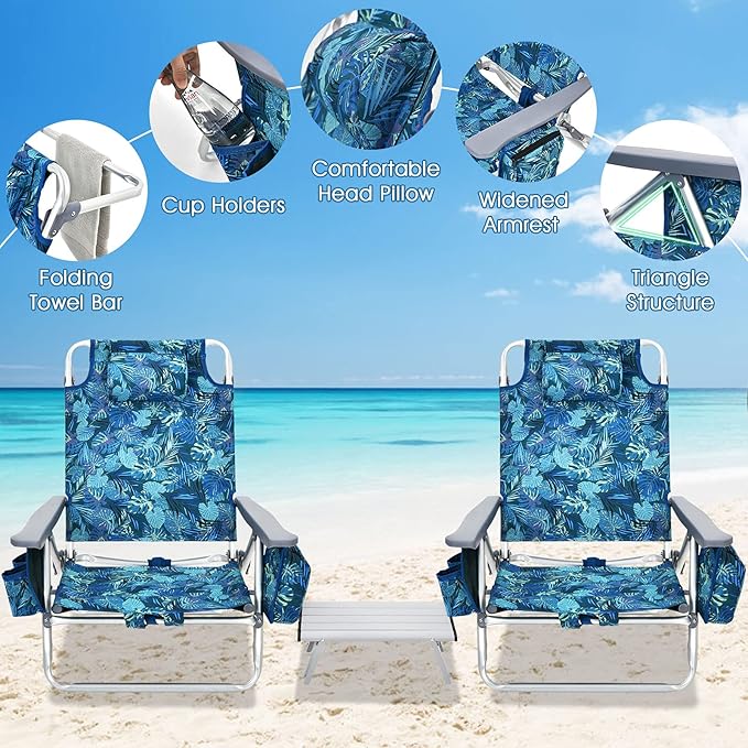 Giantex Folding Beach Chair Patio Sling Chairs with 5 Adjustable Position Head Pillow Storage Bag Towel Bar Cup Holders Backpack Chairs for Sunbathing Camping Chair