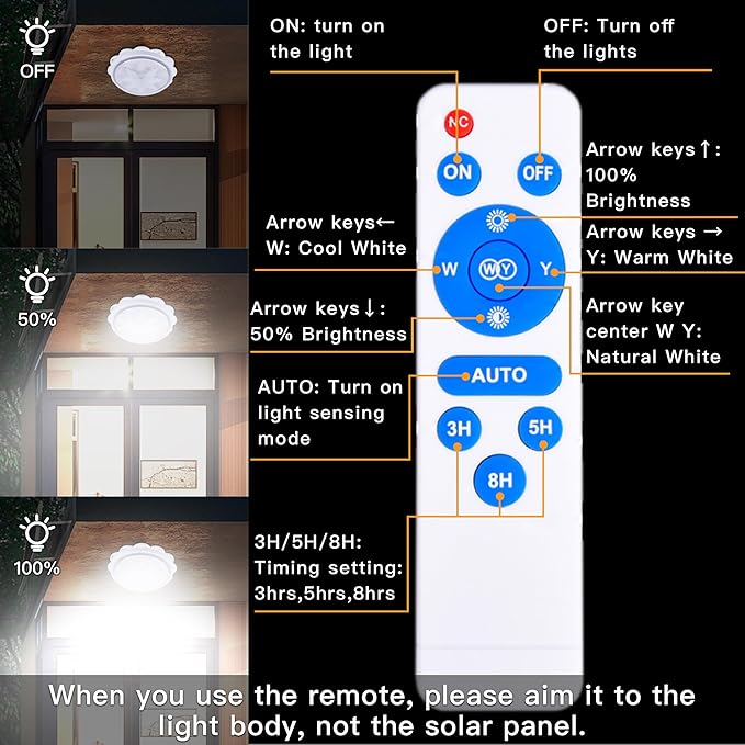 MEIHONG Solar Ceiling Light Porch Ceiling Light with Remote Dimmable Solar Shed Lights with Timer Gazebo Lights with Dusk to Dawn Sensor/Timer/3 Color
