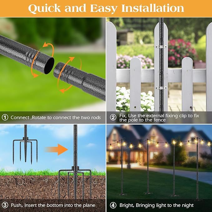 2 Pack Outdoor String Light Poles Metal Lights Hanging Pole with 4 Hooks and Rustproof for Patio Garden Deck Backyard Lawn Sunshade and Decor