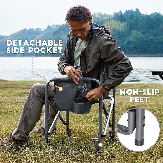 TIMBER RIDGE Lightweight Oversized Camping Chair Aluminum Directors Chair with Side Table for Outdoor Camping Lawn Picnic and Fishing Supports 400lbs Gray 2PCS