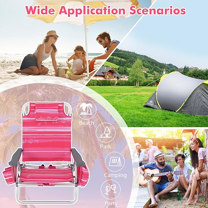 2-Pack Folding Beach Chairs Outdoor Patio Lawn Lounger with 5 Adjustable Position Cooler Pouch Headrest &amp Accessories Portable Camping Chairs for Outdoor Relaxation (2 Pink Stripe)